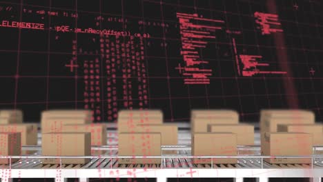 animation of data processing over cardboard boxes on conveyor belts