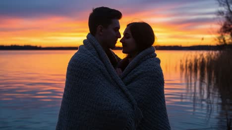 intimate embrace: a couple wrapped in a cozy blanket, sharing a romantic moment against a stunning sunset over tranquil waters