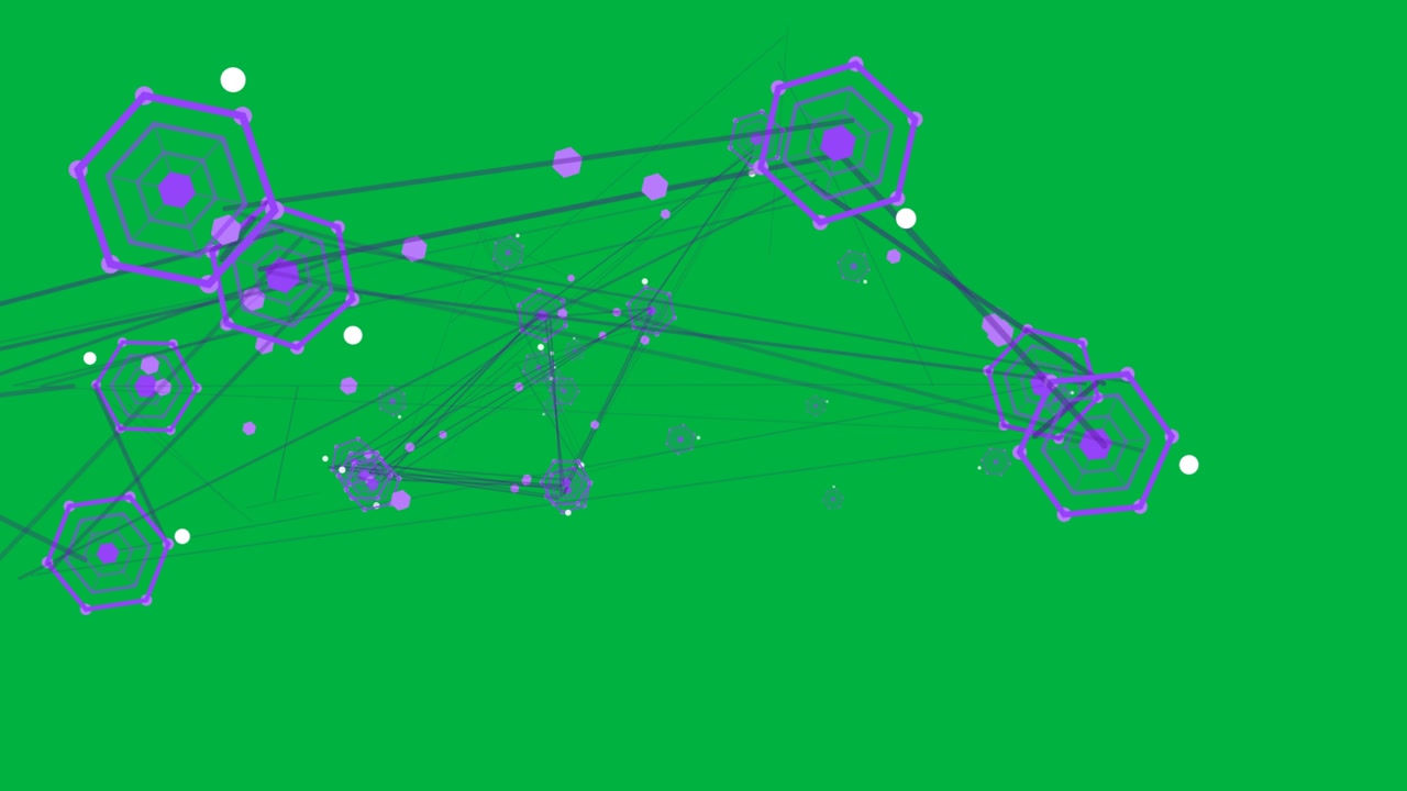 Opening hex hub starting graph spreading and linking showing lit purple node growth on transparent