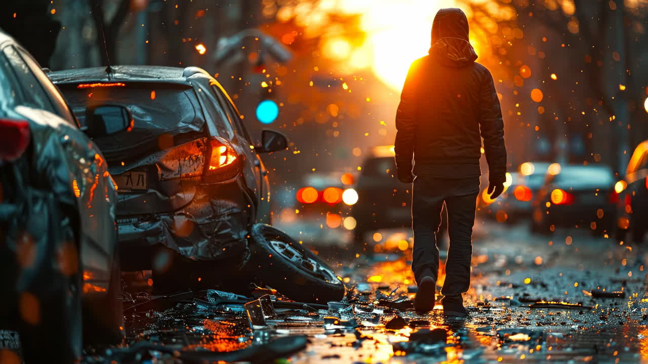 Sunset view of a street accident scene. A person stands among wrecked cars at sunset, creating a dramatic scene with debris on the ground