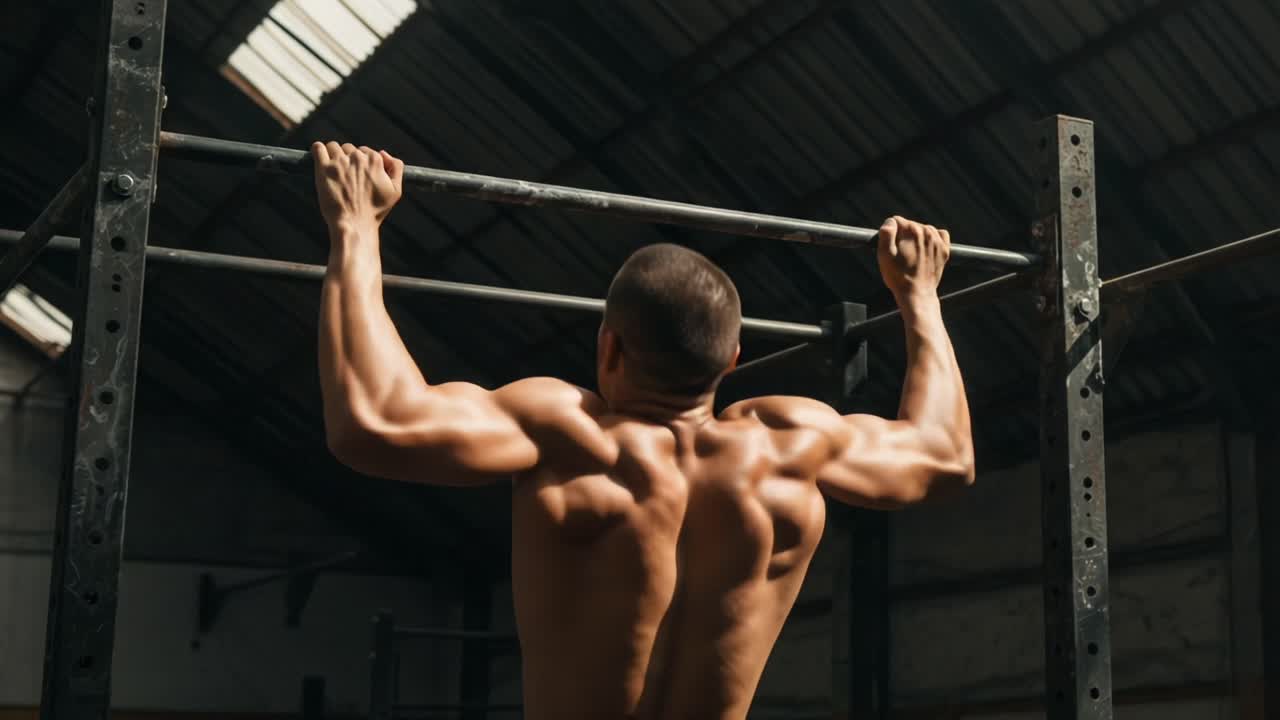 A dedicated athlete mastering the art of pull-ups, demonstrating strength and focus in a rustic gym environment illuminated by natural light