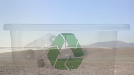 animación de un cartel de reciclaje verde sobre una caja con botellas de plástico y una turbina eólica