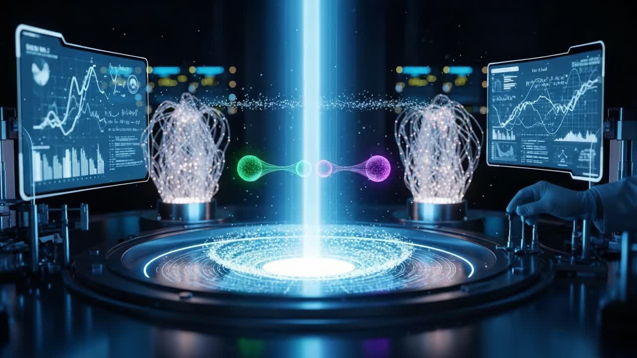 A Futuristic Quantum Computing Laboratory Featuring Advanced Data Visualization and Energy Manipulation with Engaging Light Effects and Interactive Interfaces