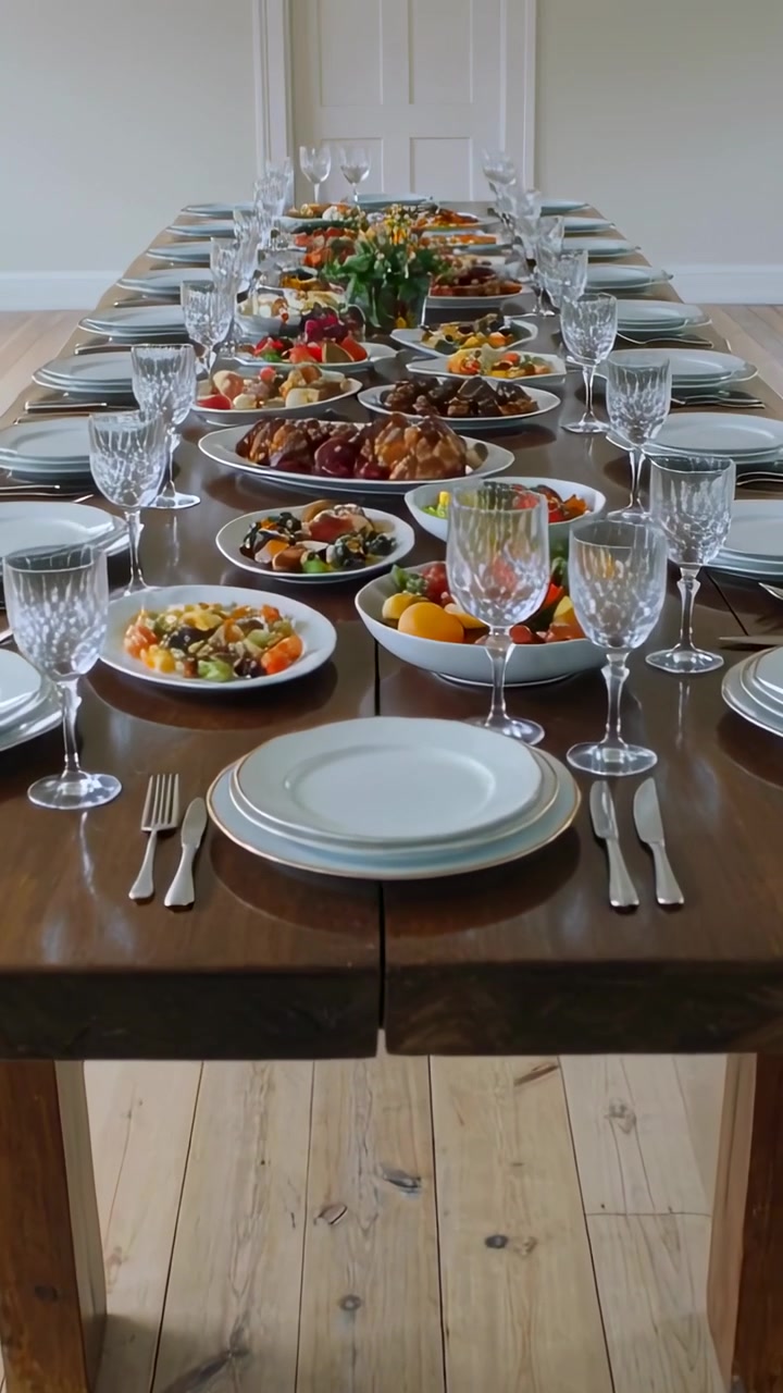Vertical video: Sliding camera framing long table at home, showcasing stacked plates and glassware