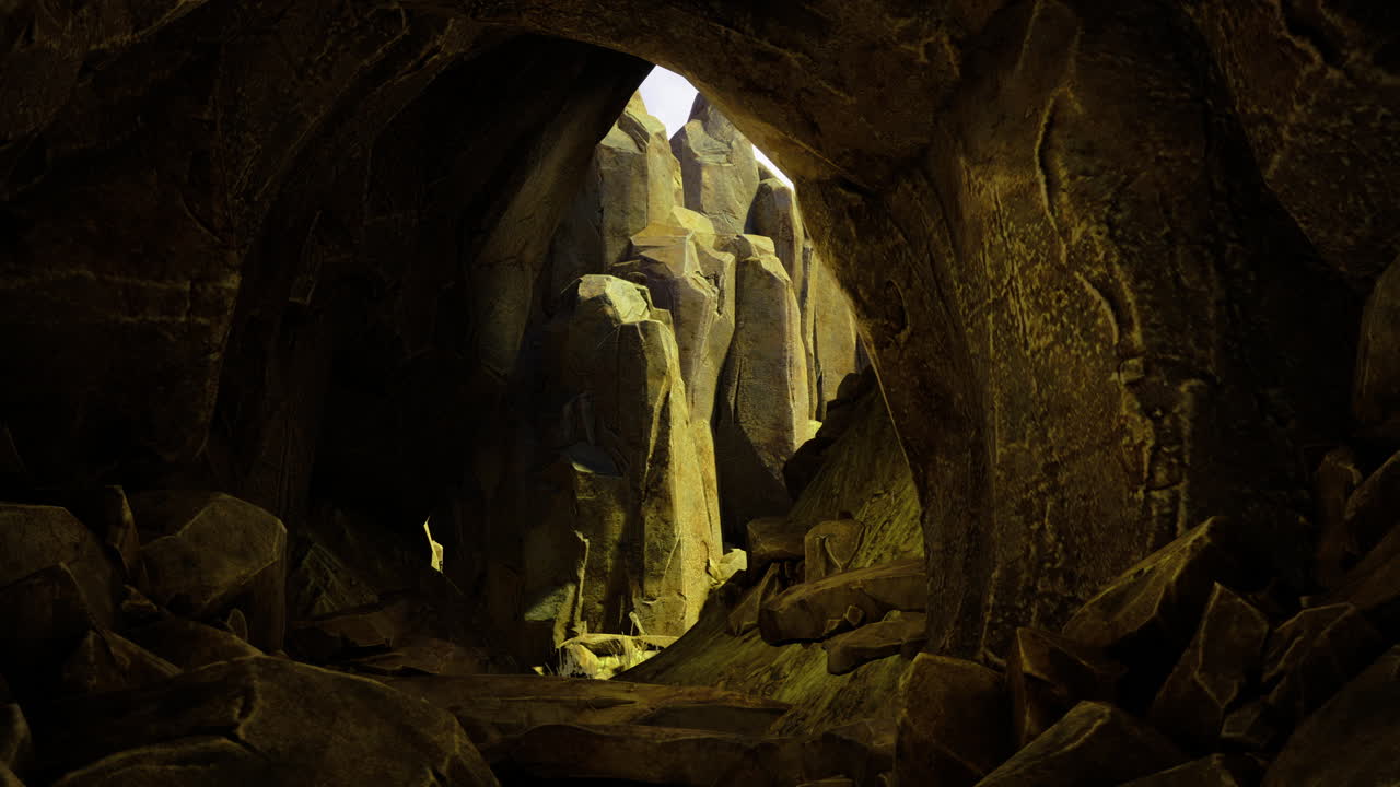 Mysterious cave interior revealing rugged rock formations in soft light