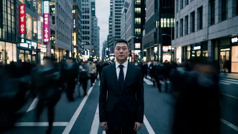 businessman standing in a crowd in a city street at night