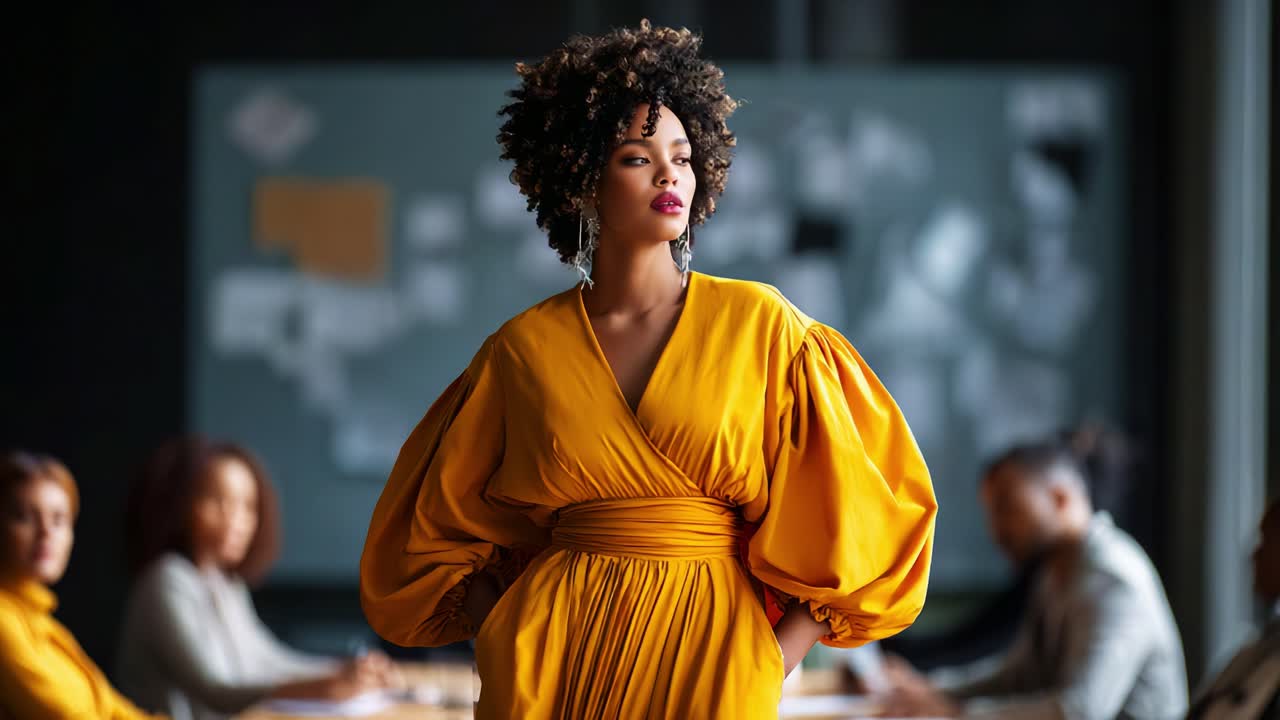 A Confident Woman in a Vibrant Yellow Dress Stands Out Against a Collaborative Background, Showcasing Strength, Style, and Presence in a Dynamic Setting Filled with Creative Energy