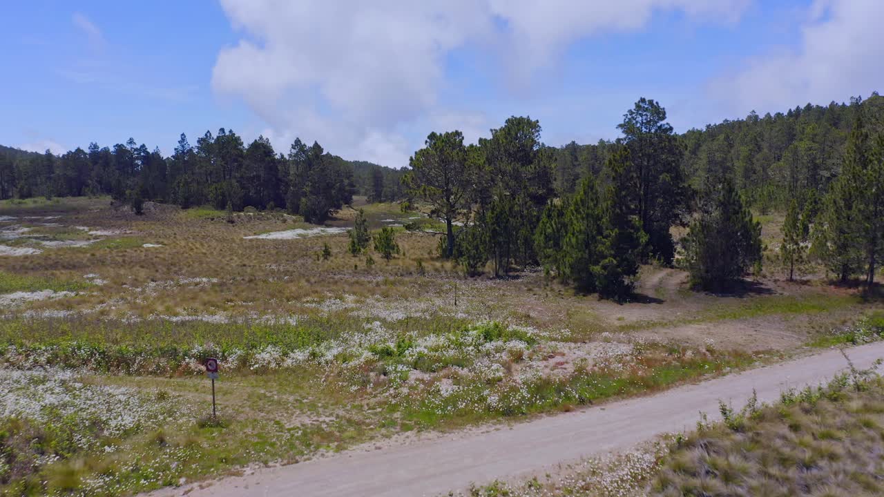 punto de vista de drones sobre el cruce de carreteras rurales de tierra en el parque nacional valle nuevo en república dominicana