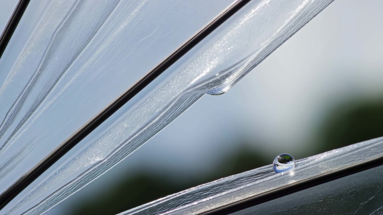 Extreme close-up of overlapping translucent blades separated by thin dark rods, focusing on two water droplets: spherical bead resting on lower blade near