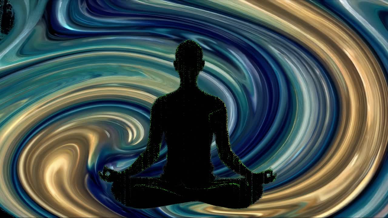 Individuals engage in relaxation practices while seated in a comfortable position within a serene environment. The backdrop features soothing colors and flow patterns that promote tranquility. Soft ambient sounds accompany the display, encouraging deep breathing and focused meditation. Participants 