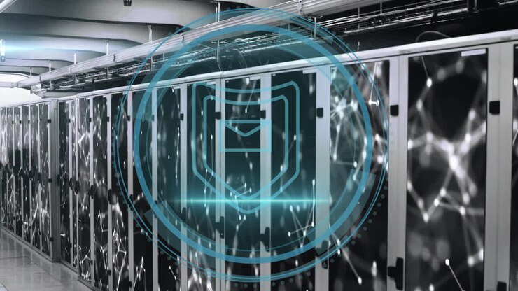 Animation of cyber security text, scanner with mail security icon and network over server room
