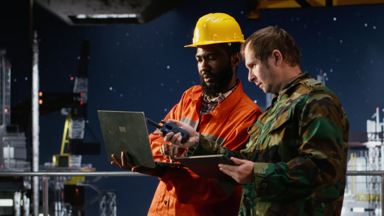Professional military operative communicates via radio on offshore platform
