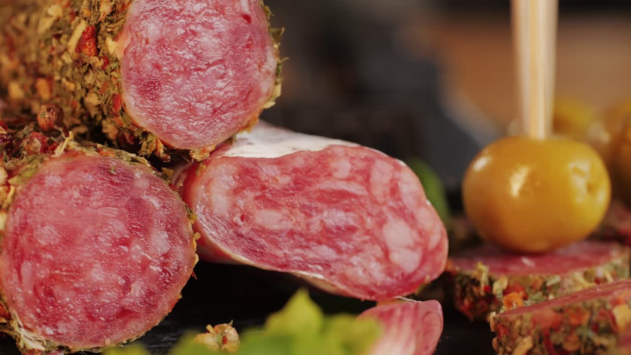 Mix of spanish pork sausages, Cutting board of appetizing catalonian snack - fuet, jamon, chorizo, olives, supermarket tapas food in spain, traditional cuisine.