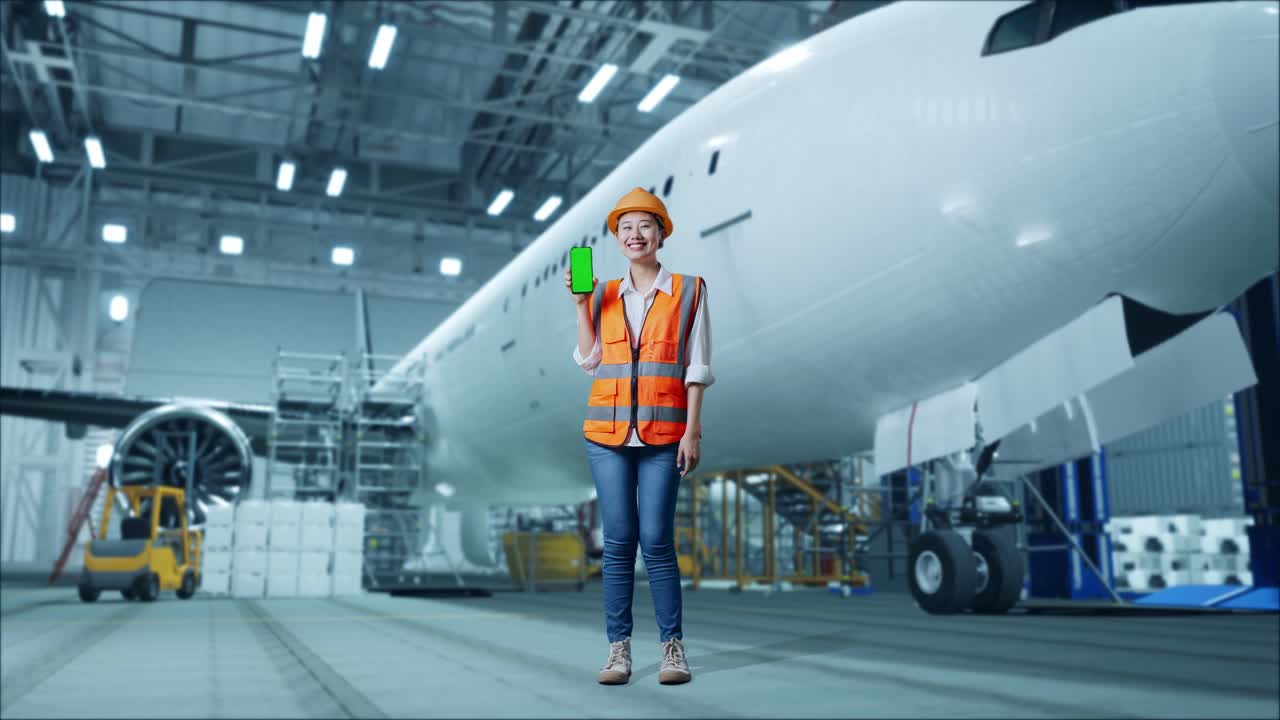 cuerpo lleno de ingeniera asiática con casco de seguridad de pie con aviones en el hangar. sonriendo y mostrando teléfono inteligente de pantalla verde a la cámara mientras el mantenimiento de aviones