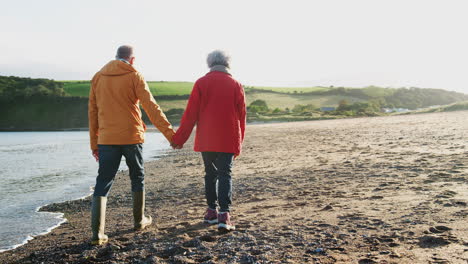 rear view of active senior couple holding hands walking along shoreline on winter beach vacation