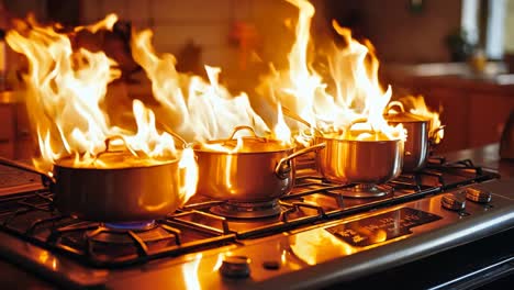 a stove top with pots and pans on fire in a kitchen