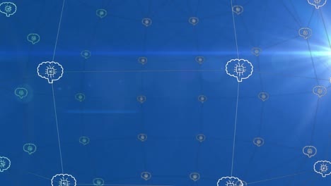 animación de un texto en iconos cerebrales conectados sobre las bengalas de la lente contra un fondo azul