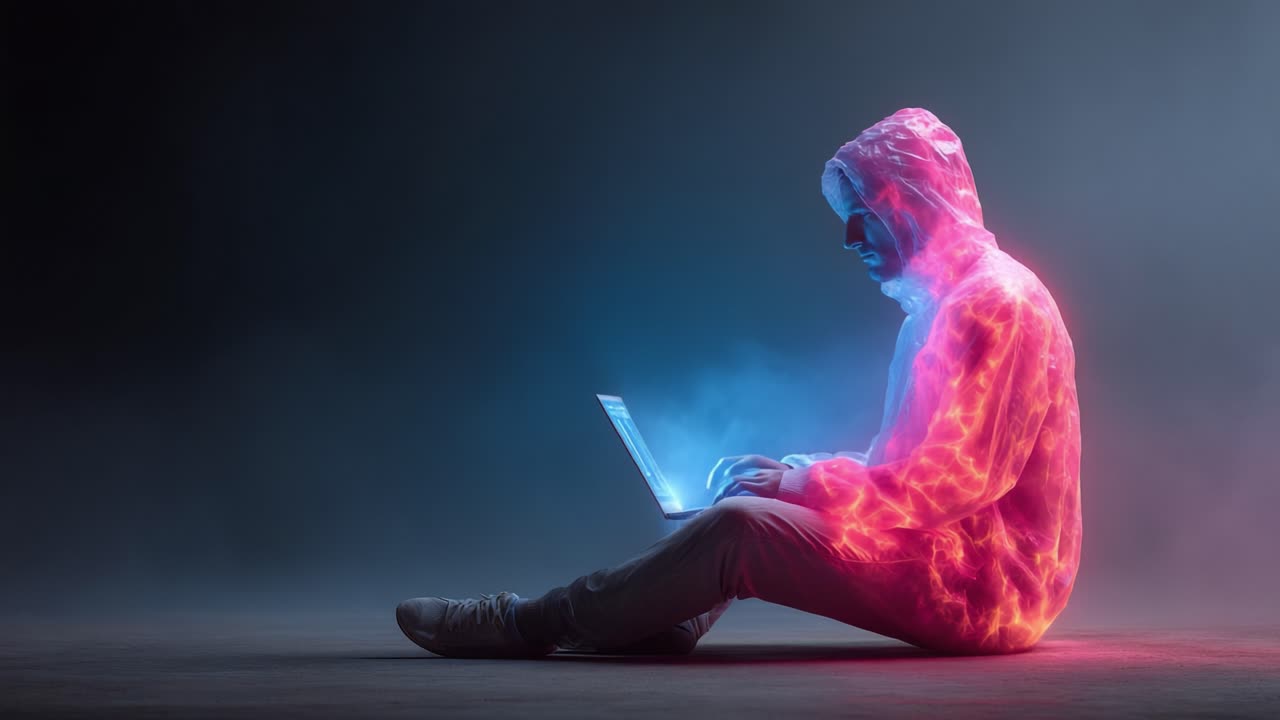 En fængslende digital scene med en person i en lysende hættetrøje, fordybet i teknologi, siddende på jorden, mens personen er engageret i en bærbar computer, der udstråler en levende og fascinerende aura