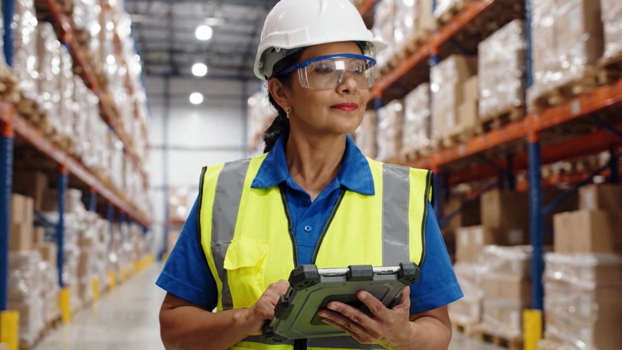 Un operaio di magazzino fiducioso, che indossa dispositivi di sicurezza tra cui un cappello e un giubbotto riflettente, ispeziona l'inventario in un impianto di stoccaggio ben organizzato, dimostrando professionalità ed efficienza.