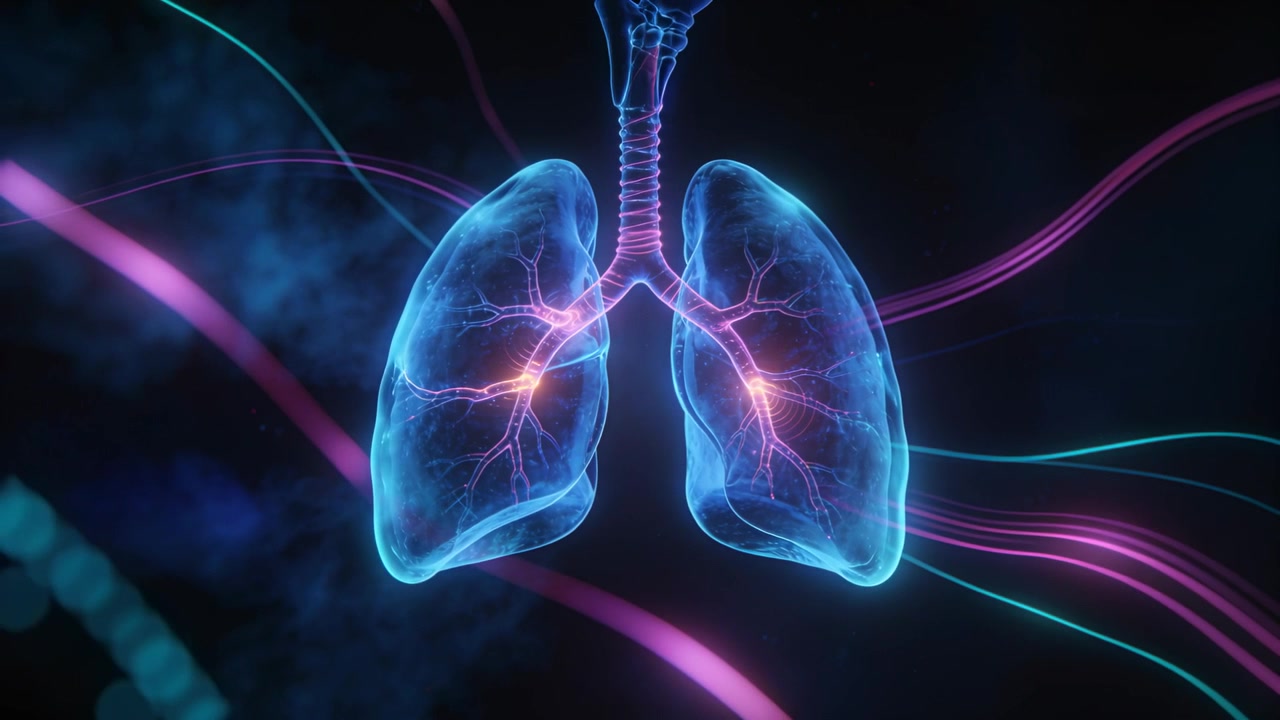 Animazione che inizia con polmoni chiari, trachea pulsante, bronchi luminosi e nastri che si muovono mostrando il flusso d'aria.