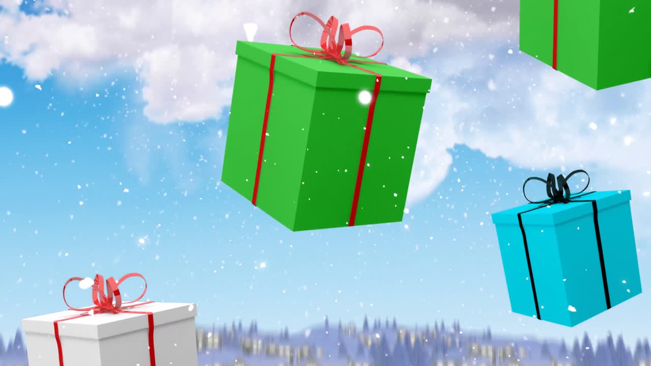 Animation of presents over sky with clouds and winter landscape