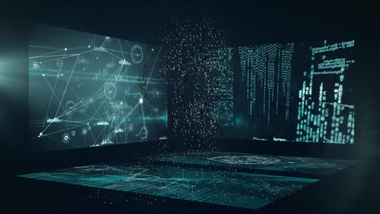 Animation of diverse scientific data on screens over black background