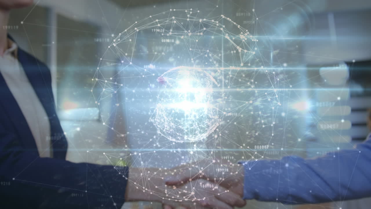 비즈니스맨과 비즈니스맨이 손을 흔드는 중간 섹션에서 연결 네트워크의 애니메이션