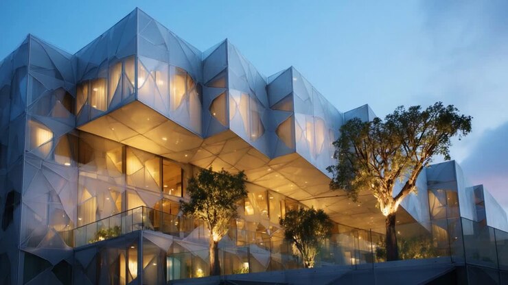 Meraviglia architettonica: un edificio contemporaneo con una facciata unica illuminata da luci soffuse al crepuscolo, che mette in mostra un design innovativo ed elementi naturali
