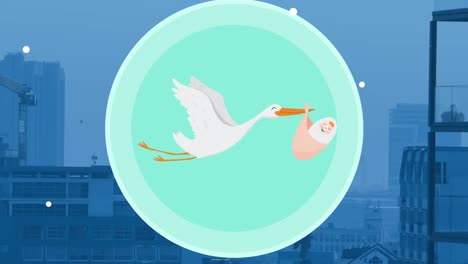 animación de stock con bebé en círculo verde sobre el paisaje urbano