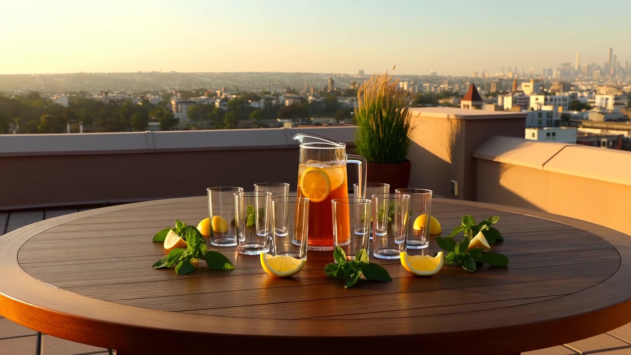 Un tavolo rotondo di legno su una terrazza panoramica contiene una brocca di vetro con una bevanda agrumata ambrata, bicchieri vuoti, spicchi di limone e menta fresca, illuminato dalla calda luce del tramonto.