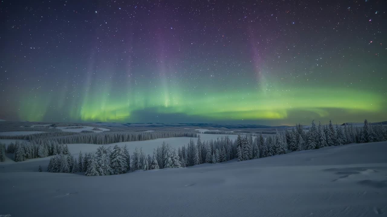 Dancing auroral band brightening over snowy ridge after solar wind surge, with purple curtain