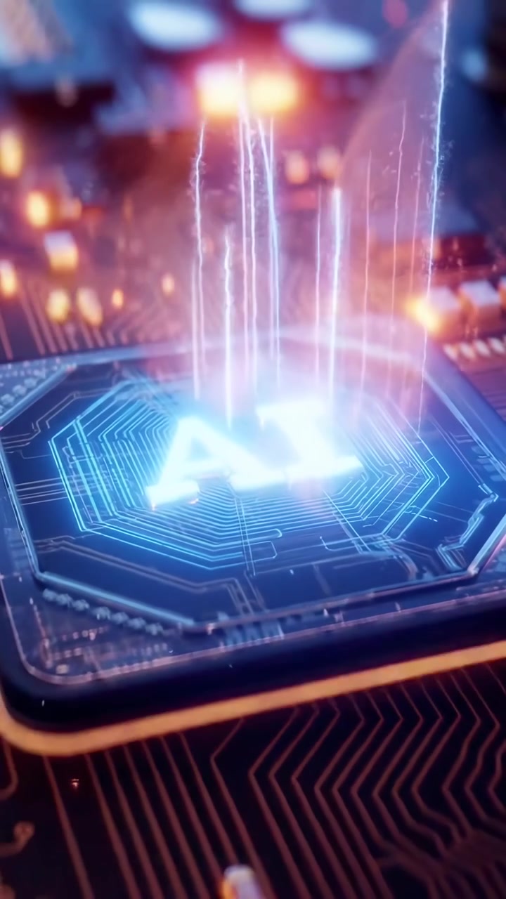 Artificial Intelligence Processor Chip Glowing on a Digital Circuit Board