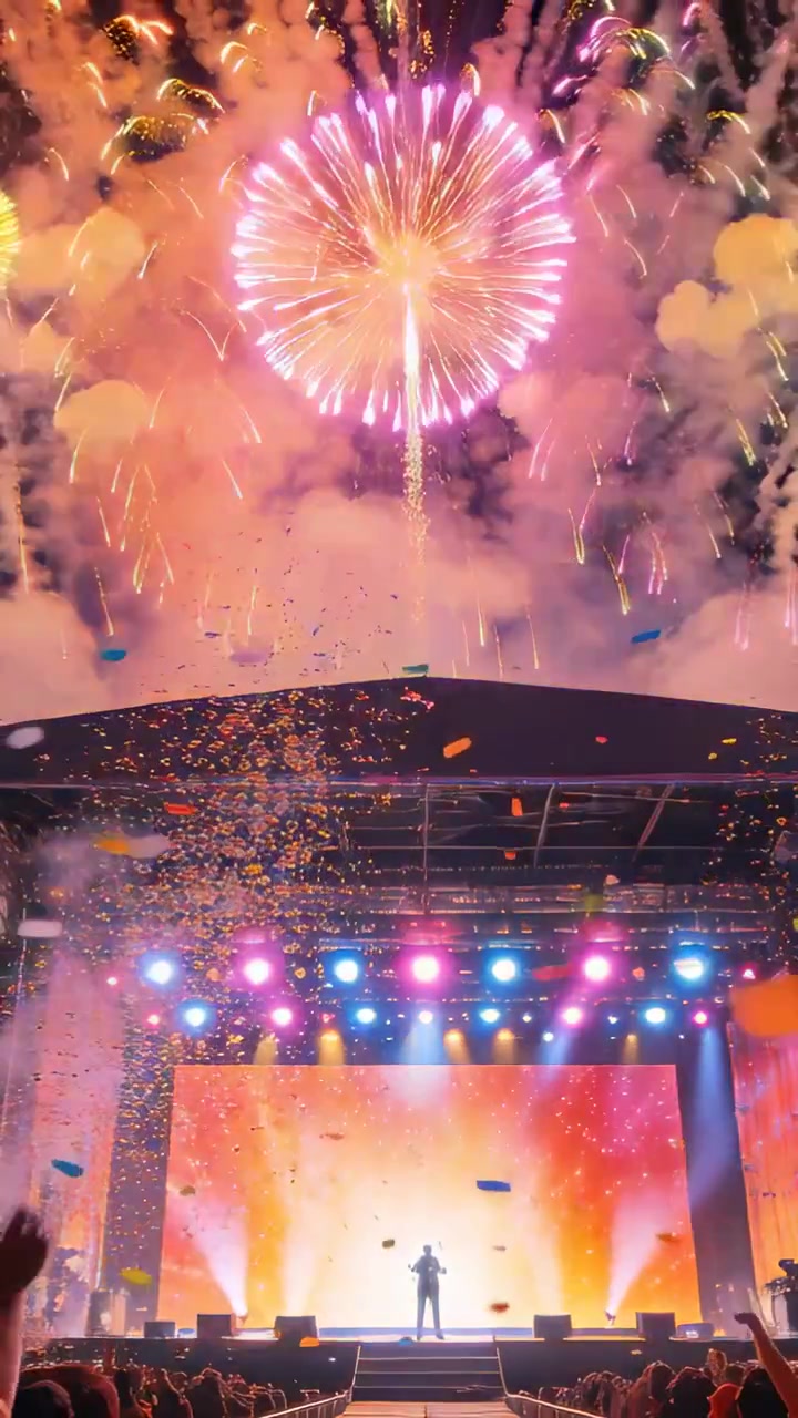 Vídeo vertical: Fogos de artifício iluminando cantor(a) segurando microfone no palco, com LEDs e confetes marcando o grand finale.