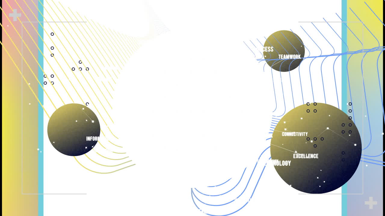 Animation of abstract spheres with words like Success and Technology connected