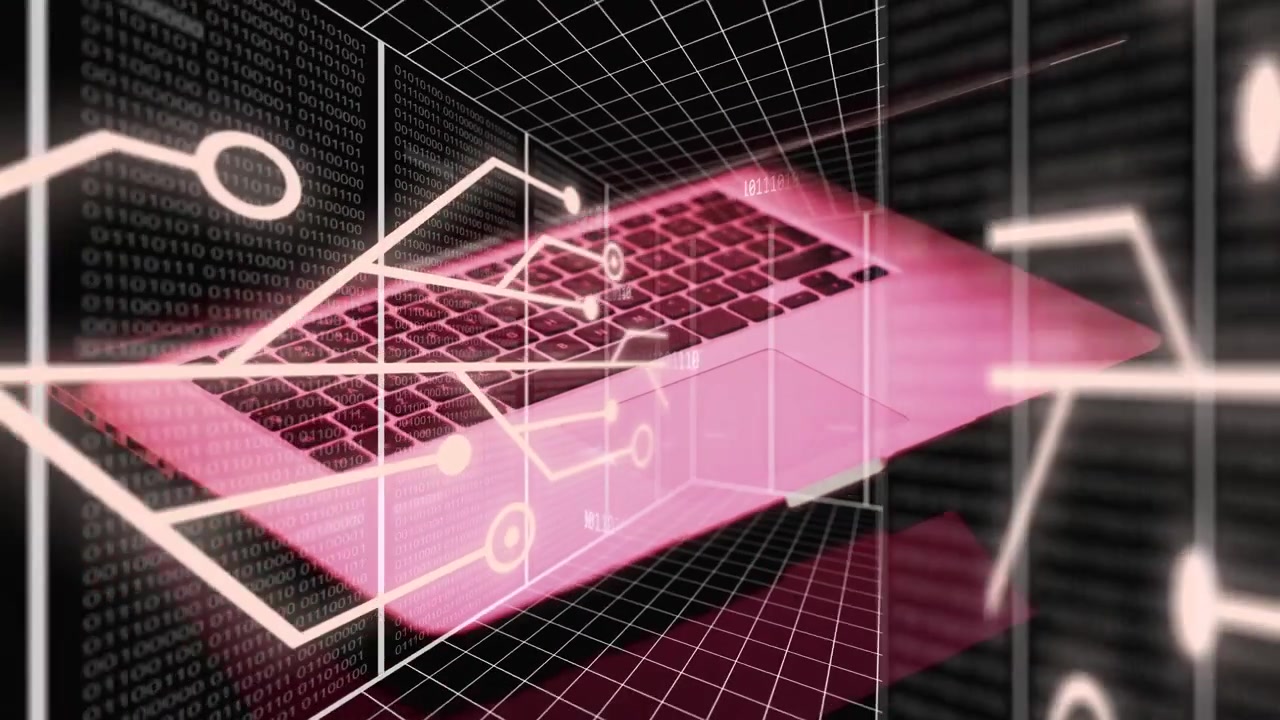 Binary digits starting circuits flowing left across wireframe pink laptop hovering visualizing data