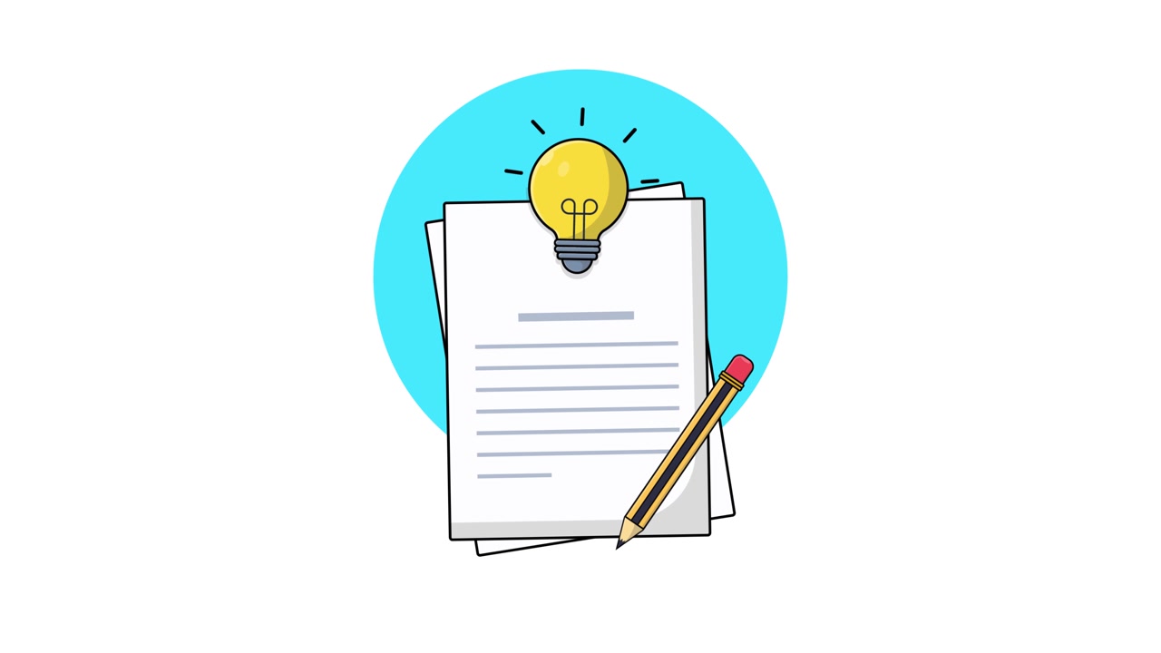 Illustrazione animata della generazione di idee con documento e matita.
