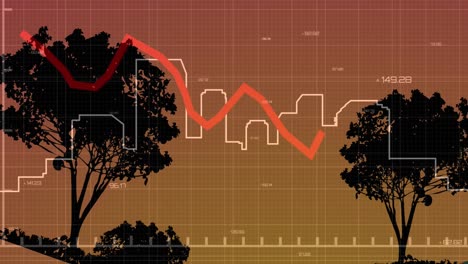 Animación-De-Línea-Roja-Y-Procesamiento-De-Datos-Sobre-Paisaje-Y-Ciudad