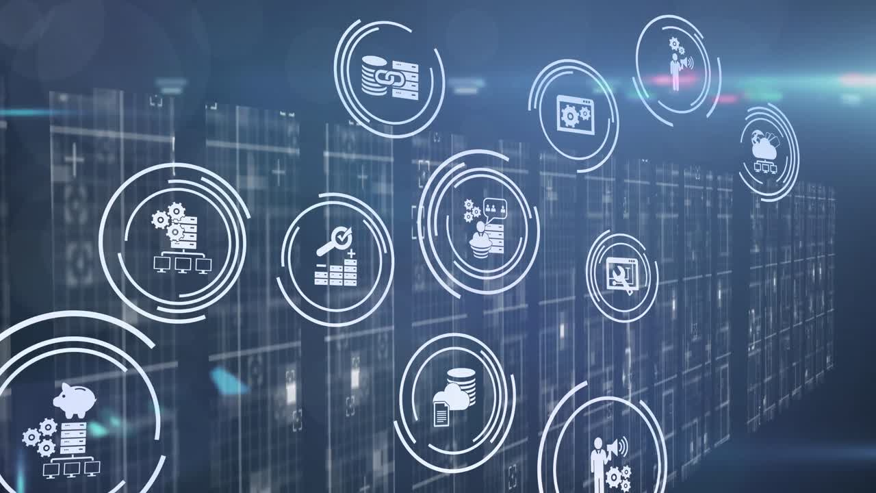 Multiple digital icons over light trails and light spots against blue background