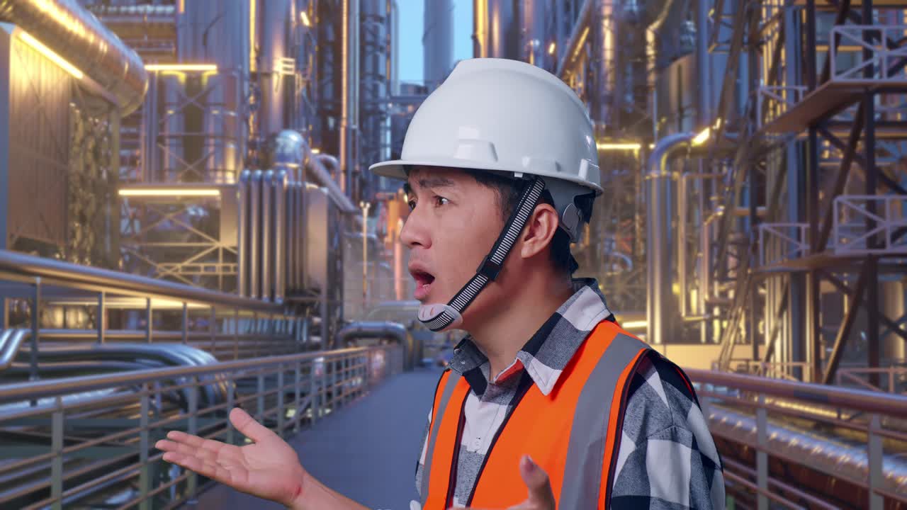 Close Up Side View Of Ondering Asian Male Engineer With Safety Helmet Saying Why Working Doubtfully At A Vast Oil Refinery
