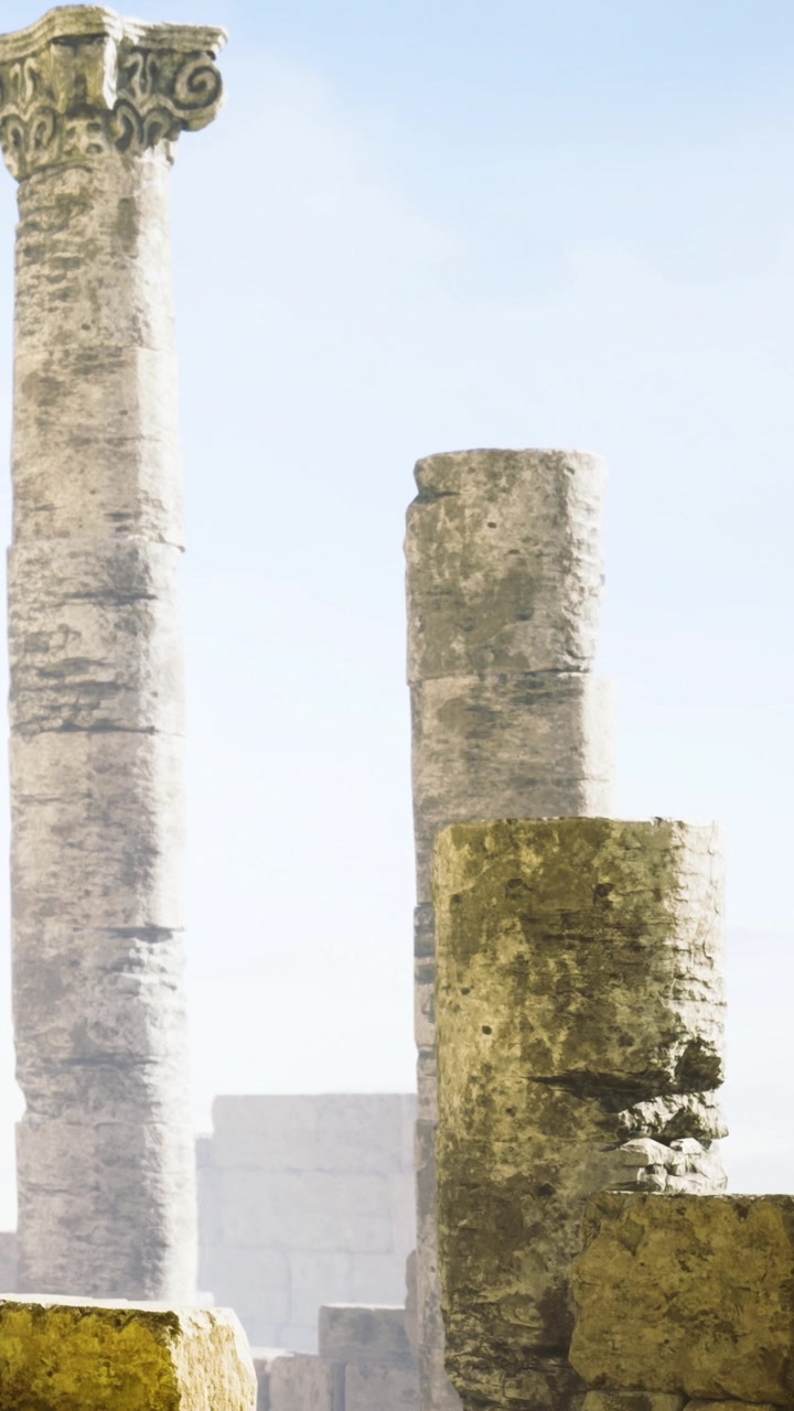 Ruinas de columnas antiguas bajo un cielo azul en un sitio histórico.
