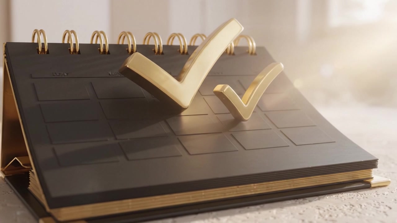 A Stylish Desk Calendar with Golden Checkmarks Illustrating Completed Tasks for Effective Time Management and Planning on a Minimalist Workspace Setting