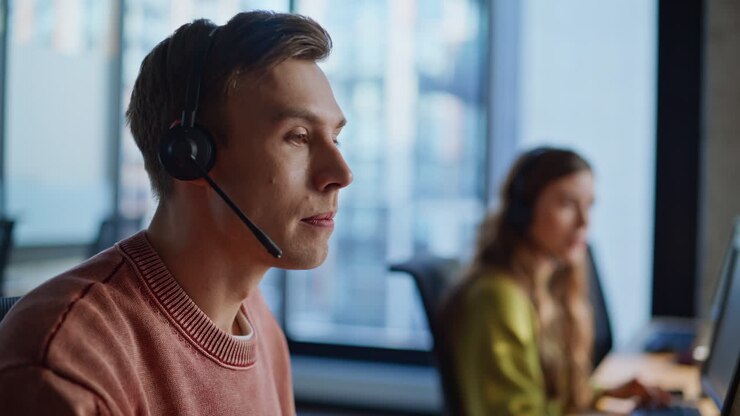 Primo piano di una mano che prende le cuffie dal monitor. Responsabili dell'hotline che parlano al telefono