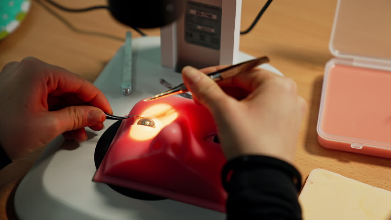 Student practicing eye surgery on a silicone model. Studying ophthalmology under microscope. Close up.