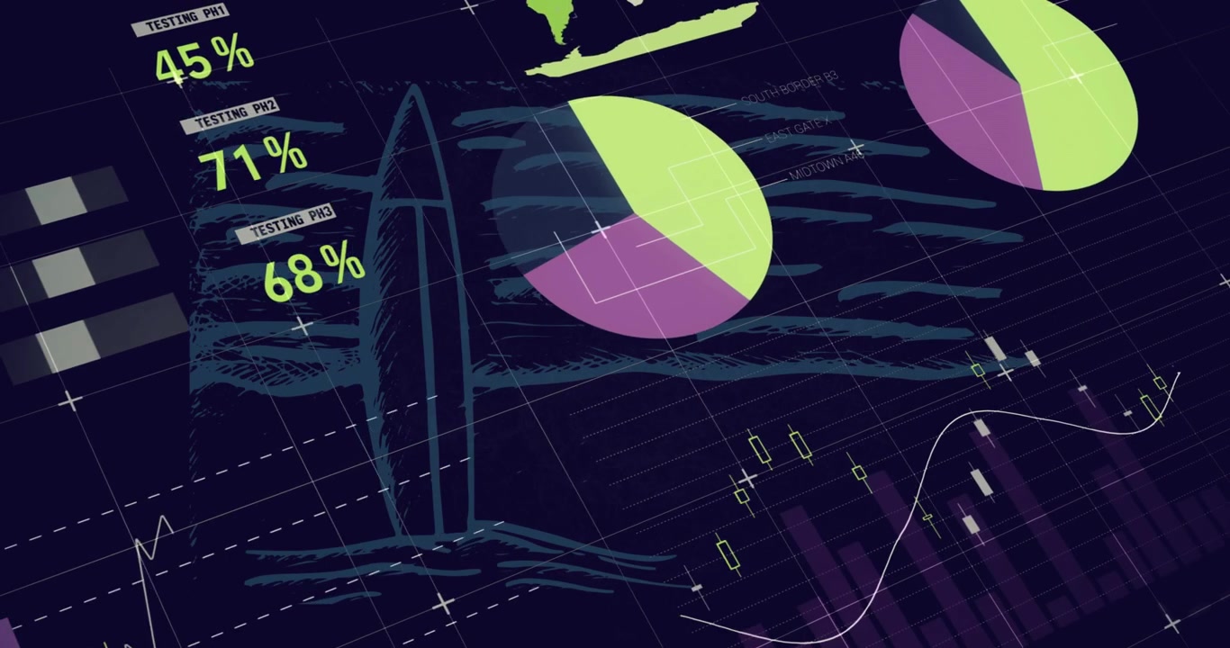 Animation of data processing over shapes on black background