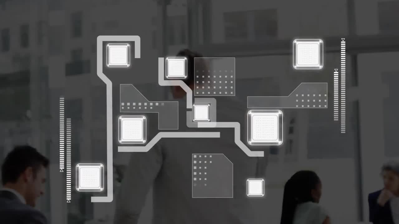 animación de un circuito integrado sobre la vista posterior de un hombre de negocios caucásico en la oficina