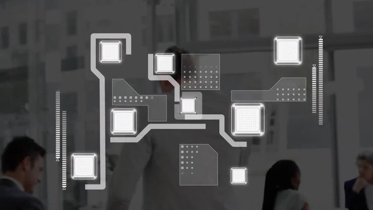 Animation of integrated circuit over back view of caucasian businessman in office