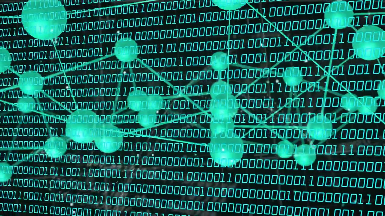 Turquoise 3D network translating and rotating on camera pan, nodes revealing cluster relationships