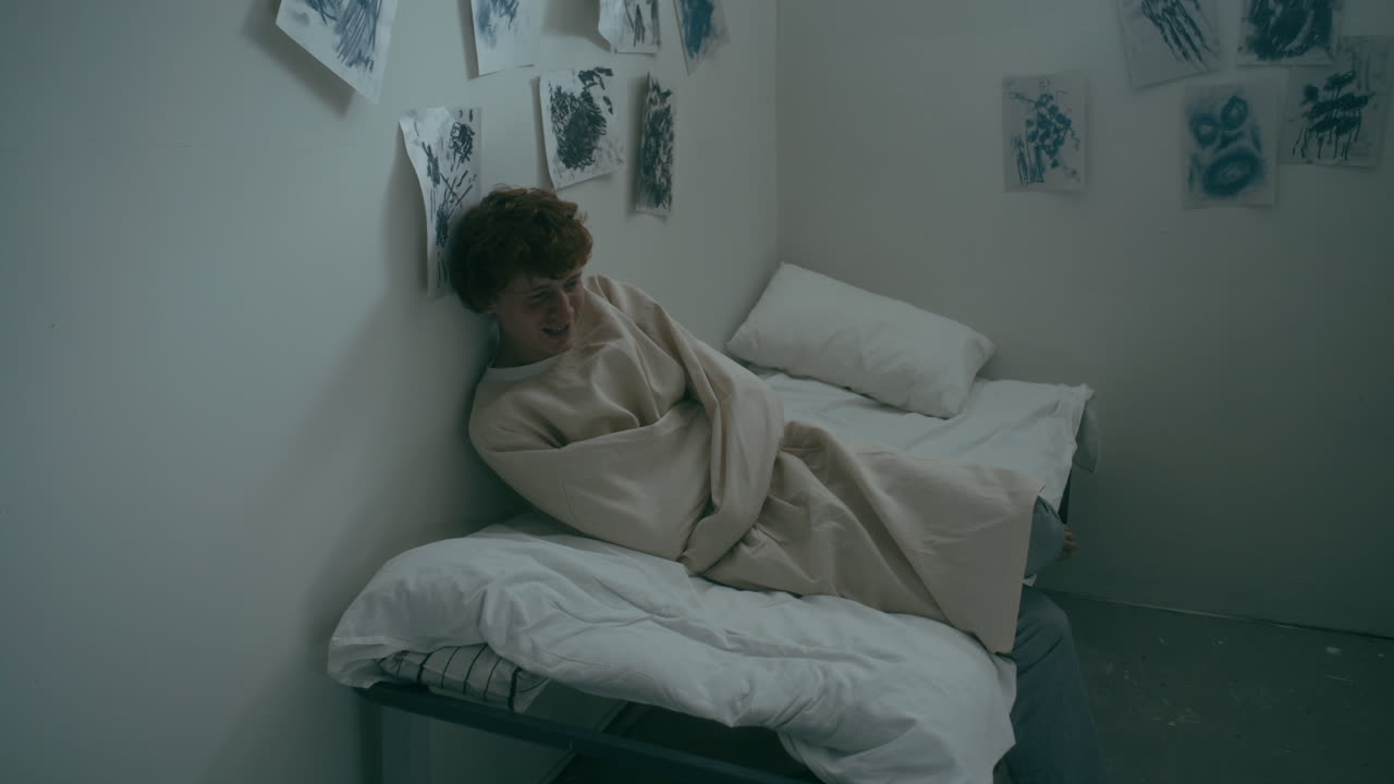 Psychiatric Patient in Straitjacket Laughing Insanely on Bed in Isolation Room