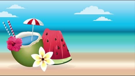 hello summer holiday poster with coconut cocktail and watermelon