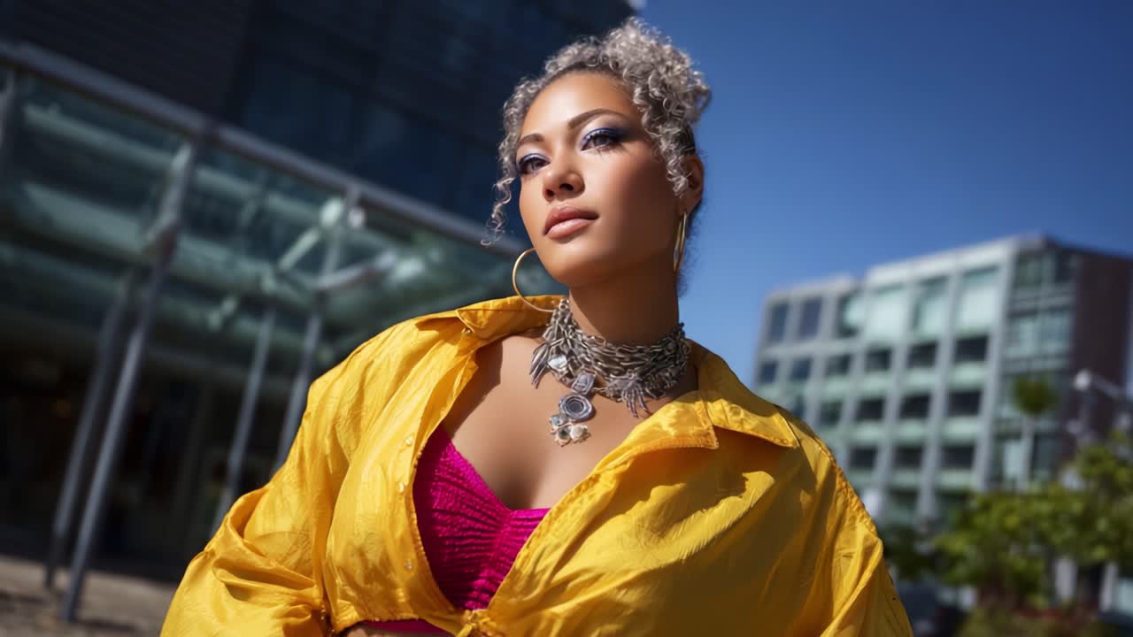 A Confident Woman in Vibrant Yellow Fashion with Stunning Jewelry Posing Under Bright Blue Sky, Showcasing Her Unique Style and Strong Presence in Urban Setting
